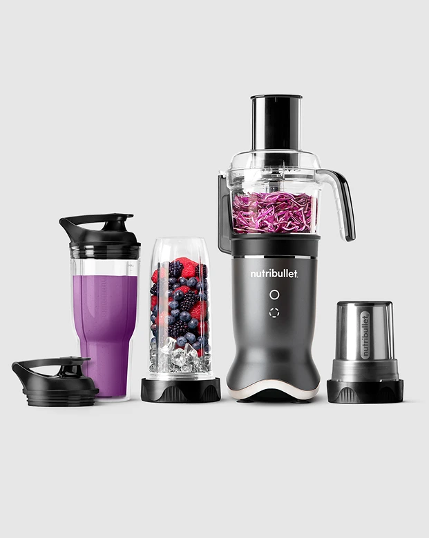 lineup of nutribullet kitchen system products, including the nutribullet Triple Prep and nutribullet Ultra Plus+ compact kitchen system, each with their own blending and food processing attachments.