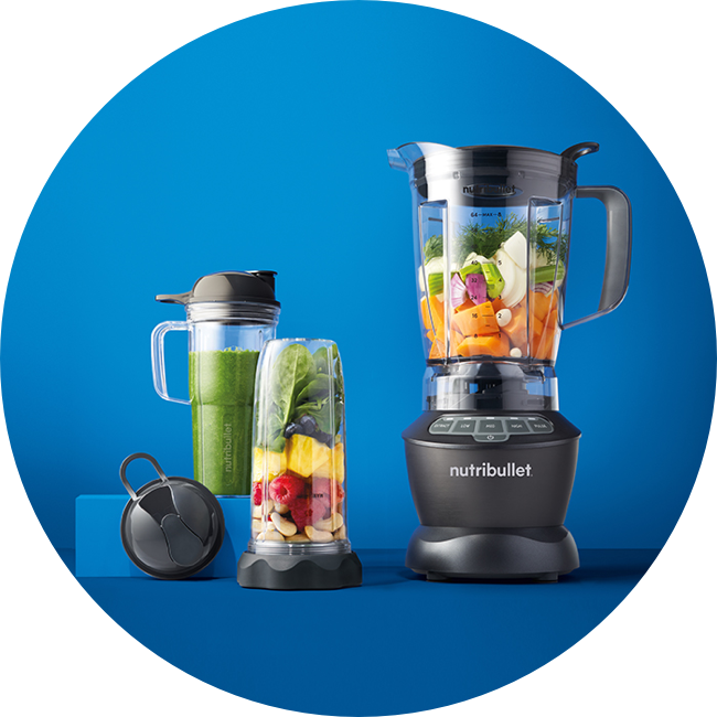 Nutribullet Blender Combo in a testimonial image with a fresh smoothie and ingredients ready for blending.